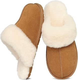 KIDMI 100% Genuine Suede Slippers for Women Fuzzy Warm Scuff House Shoes