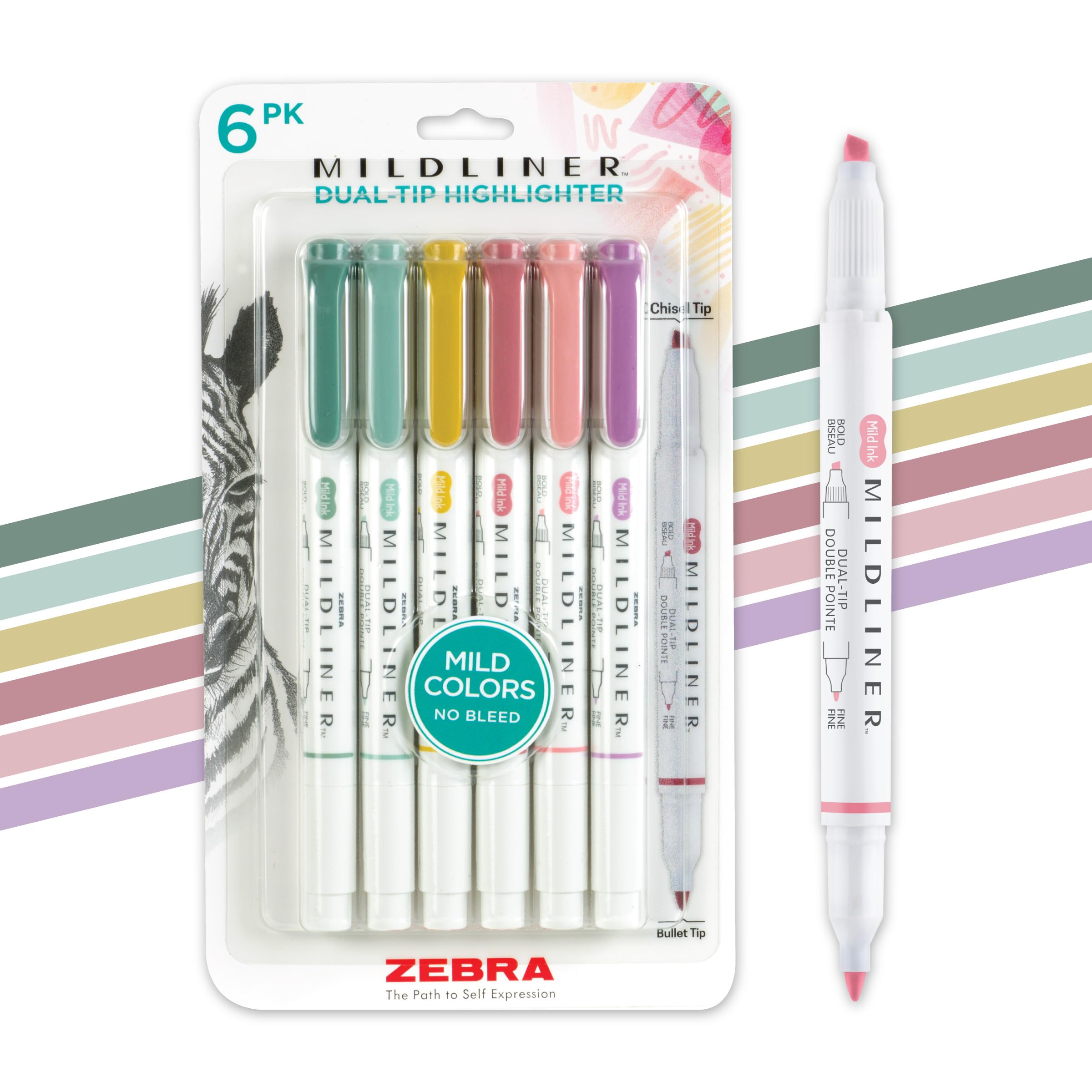 Zebra Pen MILDLINER No Bleed Highlighter, Assorted Mild, Dual Tip, 6-Pack
