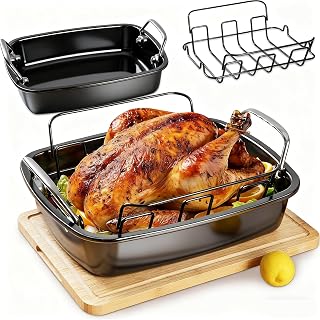 25 lb Nonstick Turkey Roasting Pan Kit with Rack, 17in Black, Easy to Clean | Heavy Carbon Steel Roaster with Removable Rack, Deep Sides, Nonstick Finish, and 450°F Oven-Safe Performance