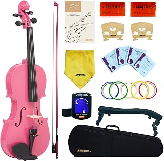 Crafteem 1/4 Fiddle Pick Colored Premium Violin Outfit for Beginners Adults Kids With 5 Color Fingering Tape- Handcrafted Student Beginner Violin. (Pink, 1/4)