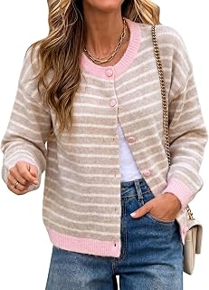 Cicy Bell Women Striped Cardigan Sweater Button Down Crewneck Knitwear