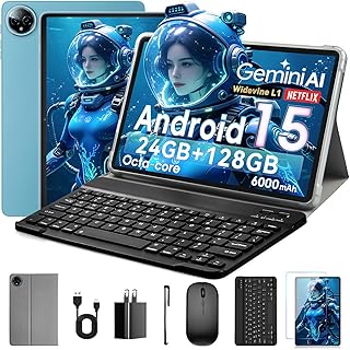 Aobante 10 Inch Tablet, Android 15 With 24GB RAM + 128GB ROM (1TB Expandable), Octa-Core, 1280x800 IPS HD Touchscreen, 5MP+8MP Dual Camera, 6000 mAh, Keyboard, Mouse, Widevine L1(Blue), Gemini AI