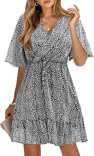 KIRUNDO Womens Summer Dresses 2026 Casual Spring Short Sleeve V Neck Ruffle Floral Print High Waist Belted Flowy Mini Dress