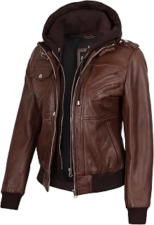 Decrum Real Lambskin Leather Bomber Jacket Women with Detachable Hood