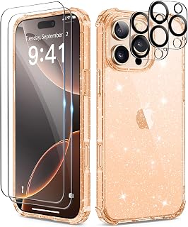 BERFY Glitter Case for iPhone 16 Pro Max with 2 Screen Protectors + 2 Camera Lens Protector Films, [Non-Yellow] Shockproof Hard Case Cover for iPhone 16 Pro Max