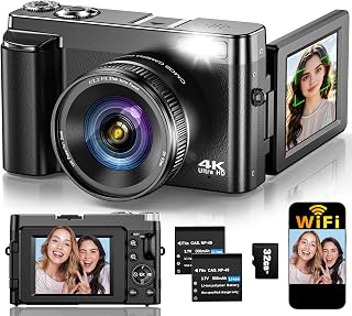 4K Digital Camera for Photography Autofocus, Upgraded 64MP WiFi Vlog Camera | for YouTube with 3" 180° Flip Screen, 16X Zoom, Compact Travel Cameras for Beginners with 32GB Card, 2 Batteries, Black