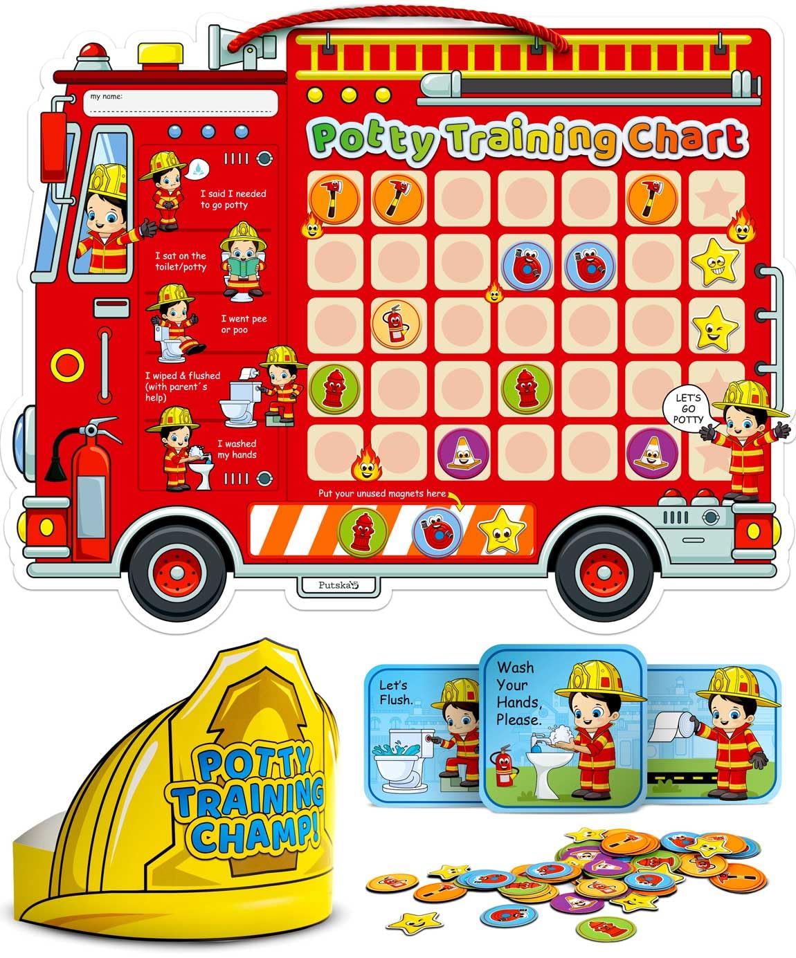 PUTSKA Potty Training Chart Toddler Boys, 35 Stickers, Crown, Firefighter