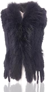 Women's 100% Natural Knit Rabbit Fur Vest With Raccoon Fur Collar