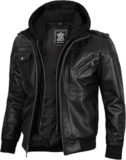 Blingsoul Mens Hooded Leather Jacket with Removable Hood, Biker Style Real Bomber Leather Jacket Men Wind Resistant Outerwear