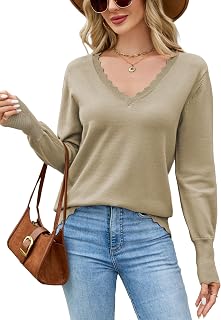 Famulily Womens Sweaters UK Scalloped V Neck Sweaters Ladies Classic Long Sleeve Pullover Tunic Autumn Winter Tops S-XL