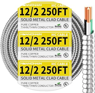 HUANCHAIN 12/2 MC Cable 250FT Solid Copper Wire with Aluminum Armor | Metal Clad Cable 2 Copper Conductors with Ground 600V Rated, for Indoor, Outdoor, Commercial, Industrial Use, UL Listed