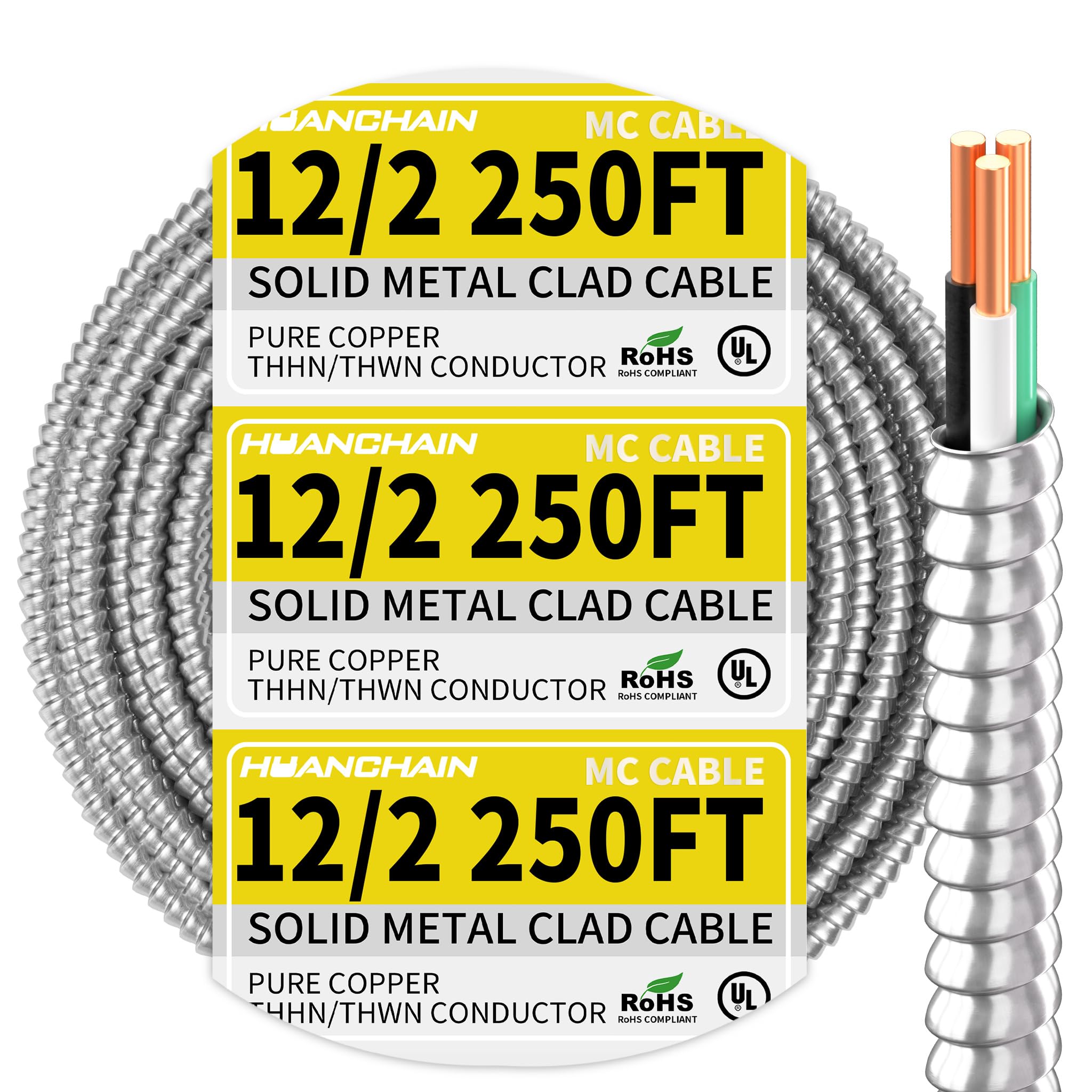 HUANCHAIN 12/2 MC Cable 250FT Solid Copper Wire with Aluminum Armor | Metal Clad