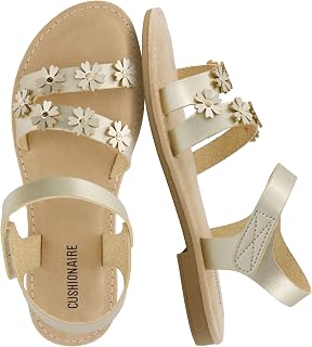 CUSHIONAIRE Cleo Girls Sandals Flower Strap Dress Style with Padded Insole and Adjustable Ankle Strap
