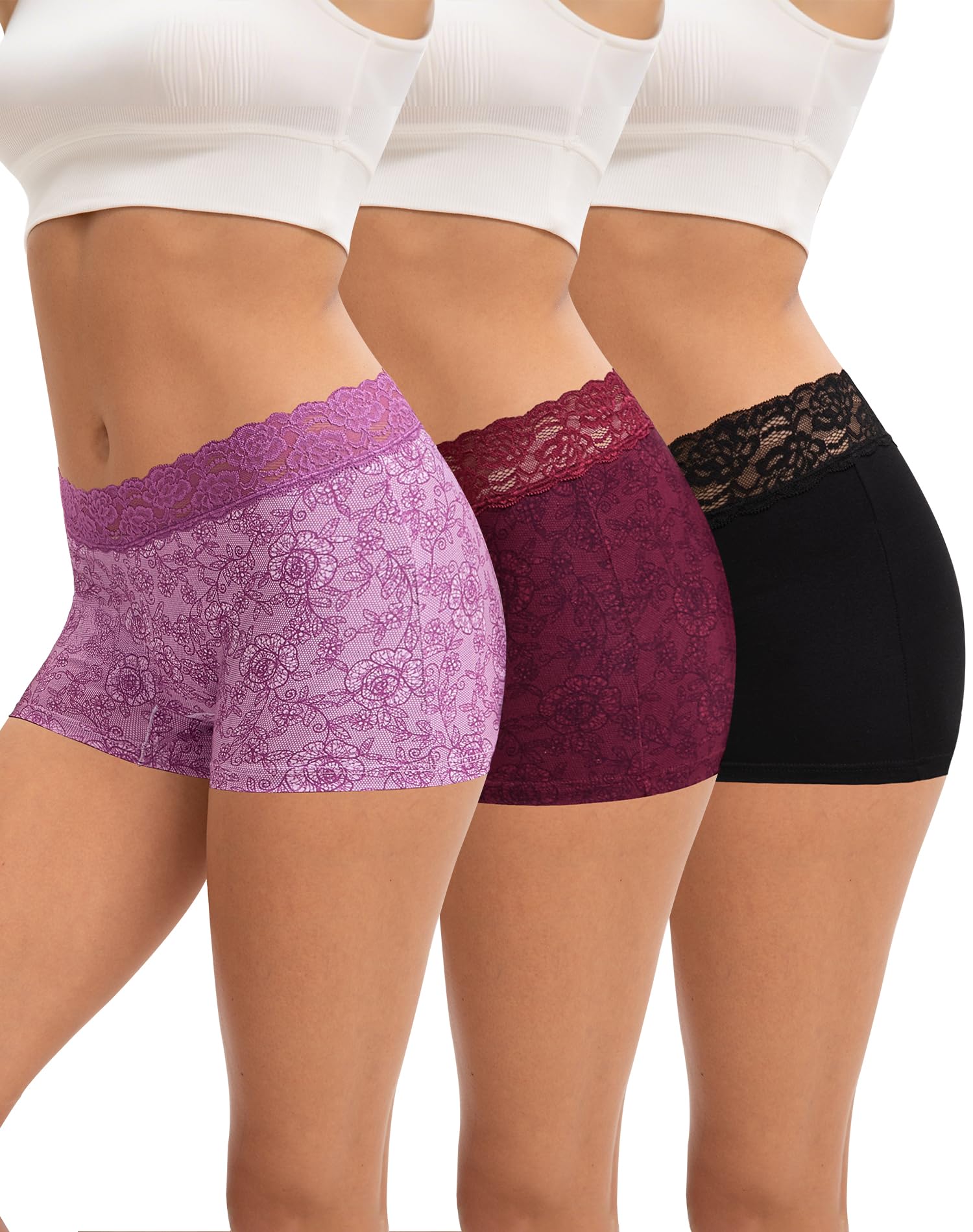 INNERSY Women's Cotton Lace Boxer Shorts with Crotch, Pack of 3