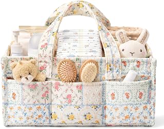 Corduroy Baby Diaper Caddy Organizer with Handles, Nursery Storage Basket | Portable Diaper Bag Car Caddy Organizer for Wipes, Girl Newborn Essentials Baby Shower Gifts Basket Registry Search Must Have