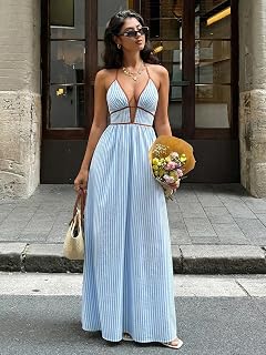 2026 Women's Striped Deep V Neck Backless Maxi Dress Summer Beach Holiday Casual Party Wear