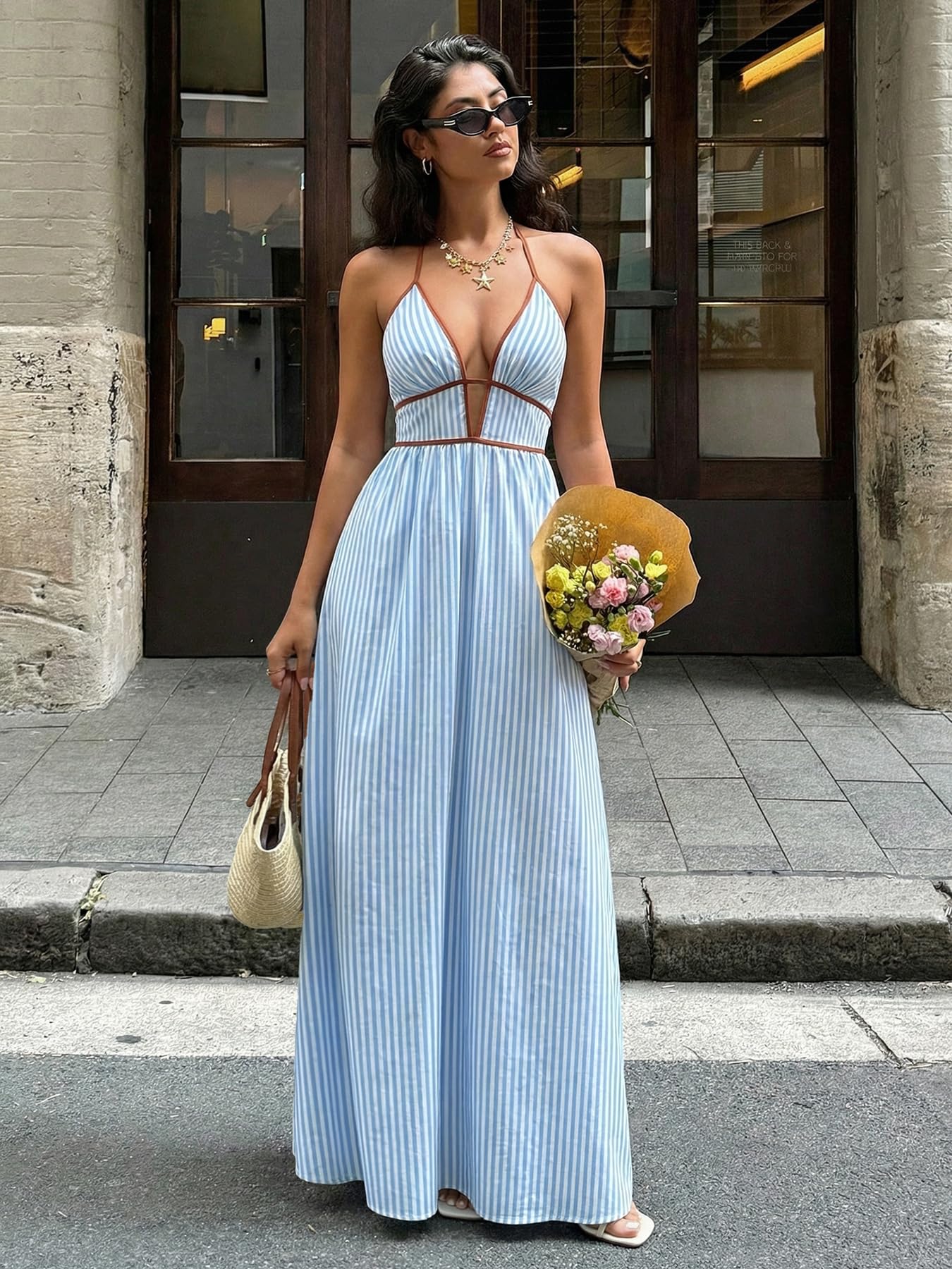 2026 Women's Striped Deep V Neck Backless Maxi Dress Summer Beach Holiday Casual