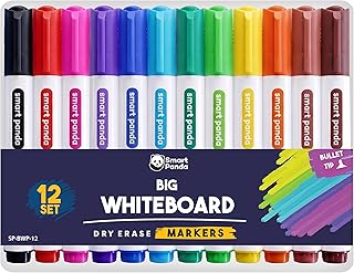 Smart Panda 12 Big Whiteboard Pens, Bullet Tip, Erasable, Assorted Colours | Easy Erase Dry Erase Markers, No Ghosting, Thick Chunky Nibs, Coloured White Board Ink, Non-Toxic for Kids, School & Office