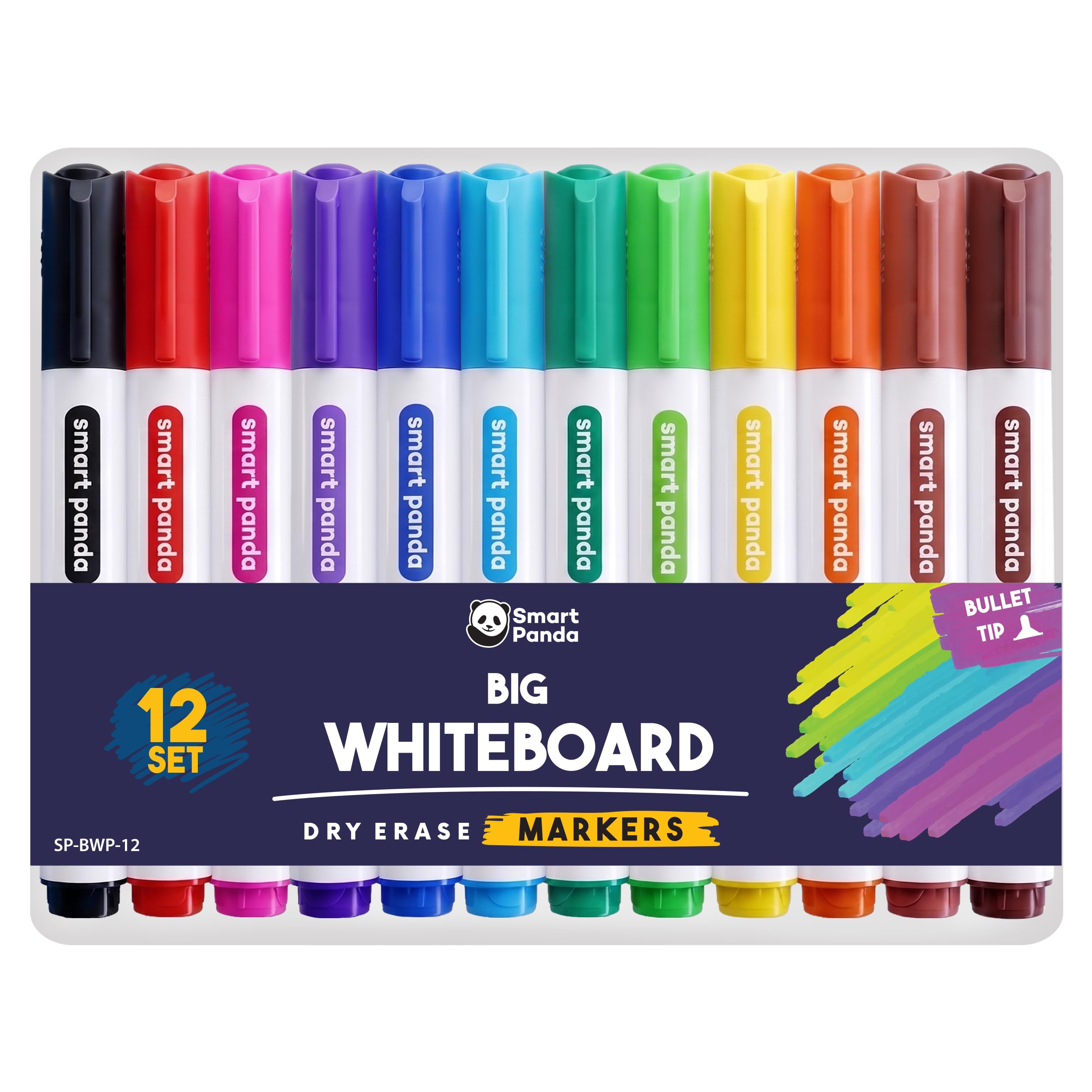 Smart Panda 12 Big Whiteboard Pens, Bullet Tip, Erasable, Assorted Colours | Eas