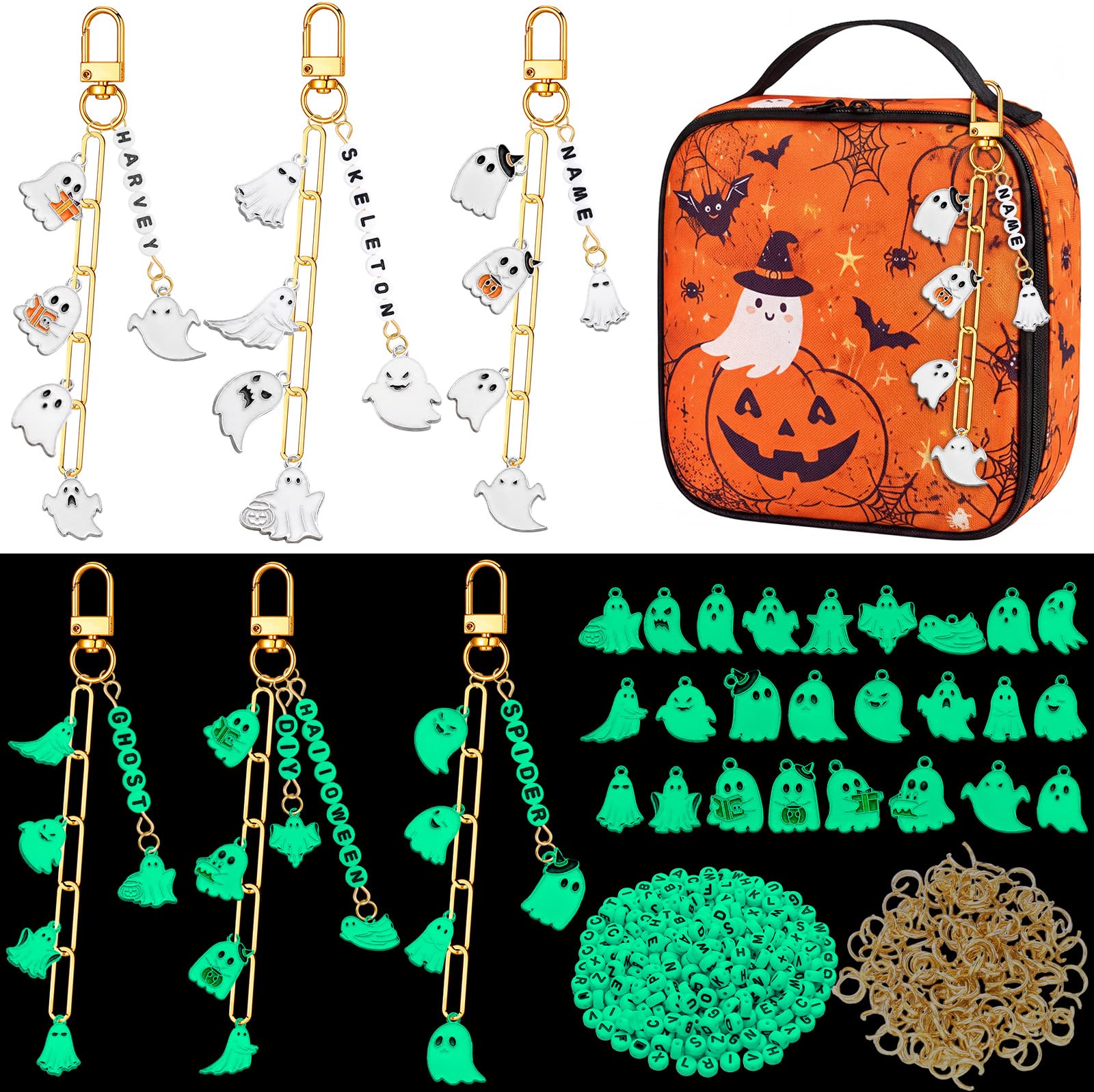 CraftyDream 558 Pcs Halloween Ghost Charms Keychain Kit Glow in the Dark | Hallo