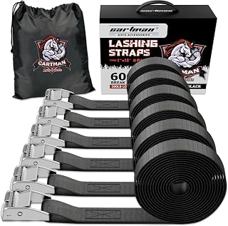 Cartman 1" x 12 ft Lashing Straps, 6 Pack, 600 lb Break Strength, Black | Cam buckles, corrosion-resistant silver finish, and a carry bag for securing gear