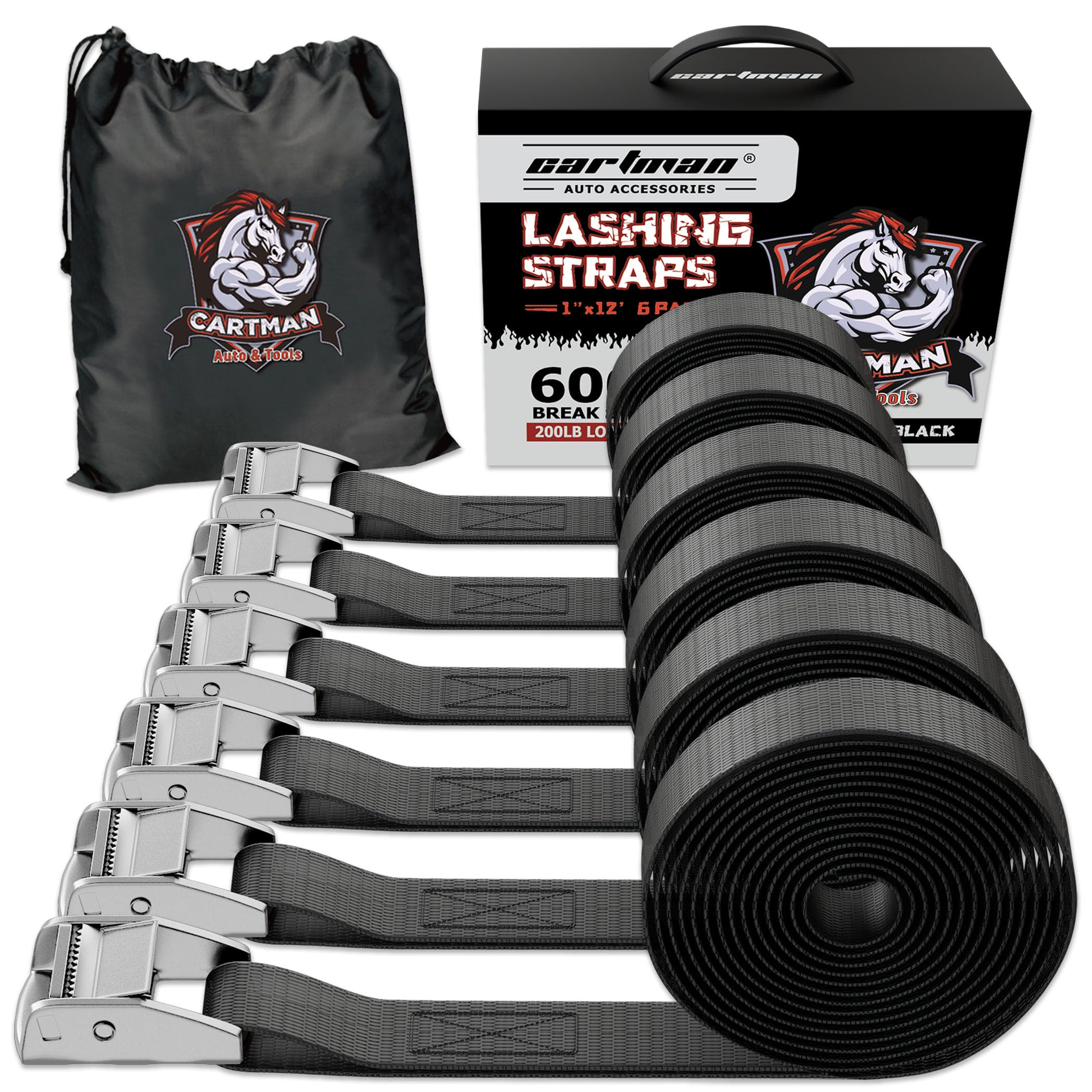 Cartman 1" x 12 ft Lashing Straps, 6 Pack, 600 lb Break Strength, Black | Cam bu