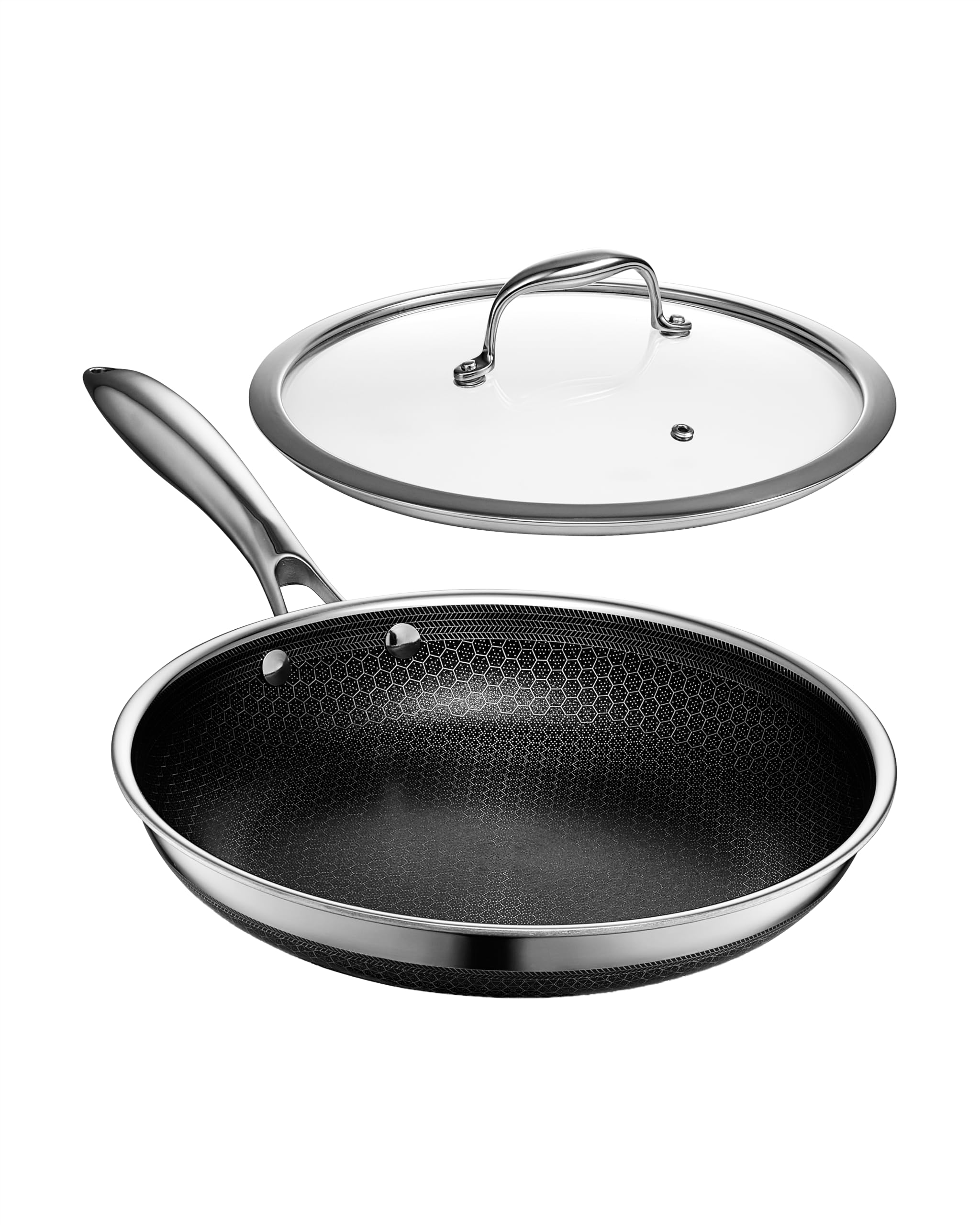 HexClad 10" Hybrid Nonstick Frying Pan with Lid, Dishwasher & Oven Safe | Stay-C