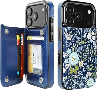 uCOLOR for iPhone 18 Pro/17 Pro Wallet Case with Card Holder, Blue Daisy | PU Leather RFID Blocking Slots for Women Men Magnetic Clasp Kickstand 6.3"