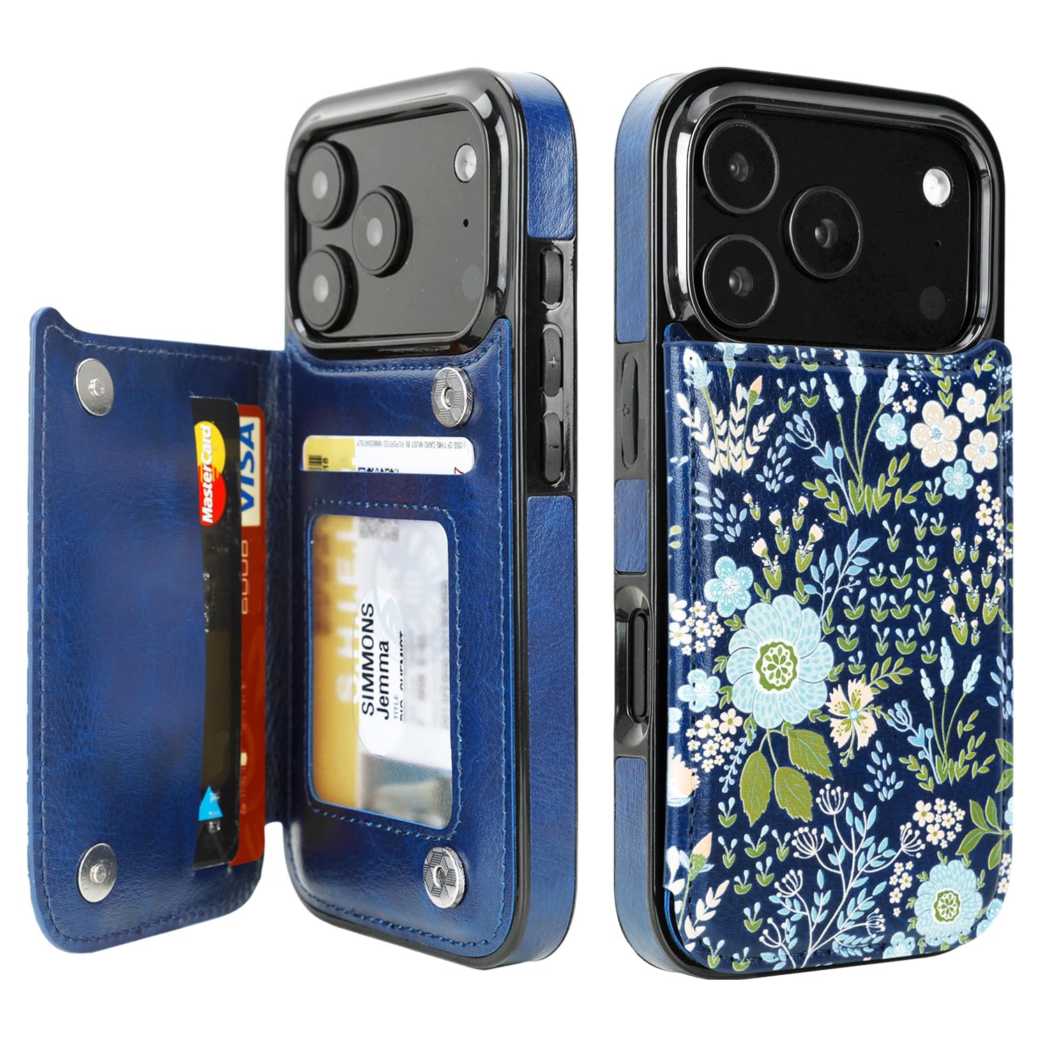 uCOLOR for iPhone 18 Pro/17 Pro Wallet Case with Card Holder, Blue Daisy | PU Le