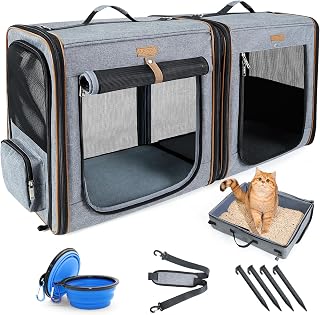 Lekereise Soft-Sided Large Cat Carrier for 2 Cats with Litter Box, 2-in-1 Double Travel Carrier for Moving & Long Road Trips, Zipper Locks Escape Proof, (17.7" x2) x16.5"x13" - Grey