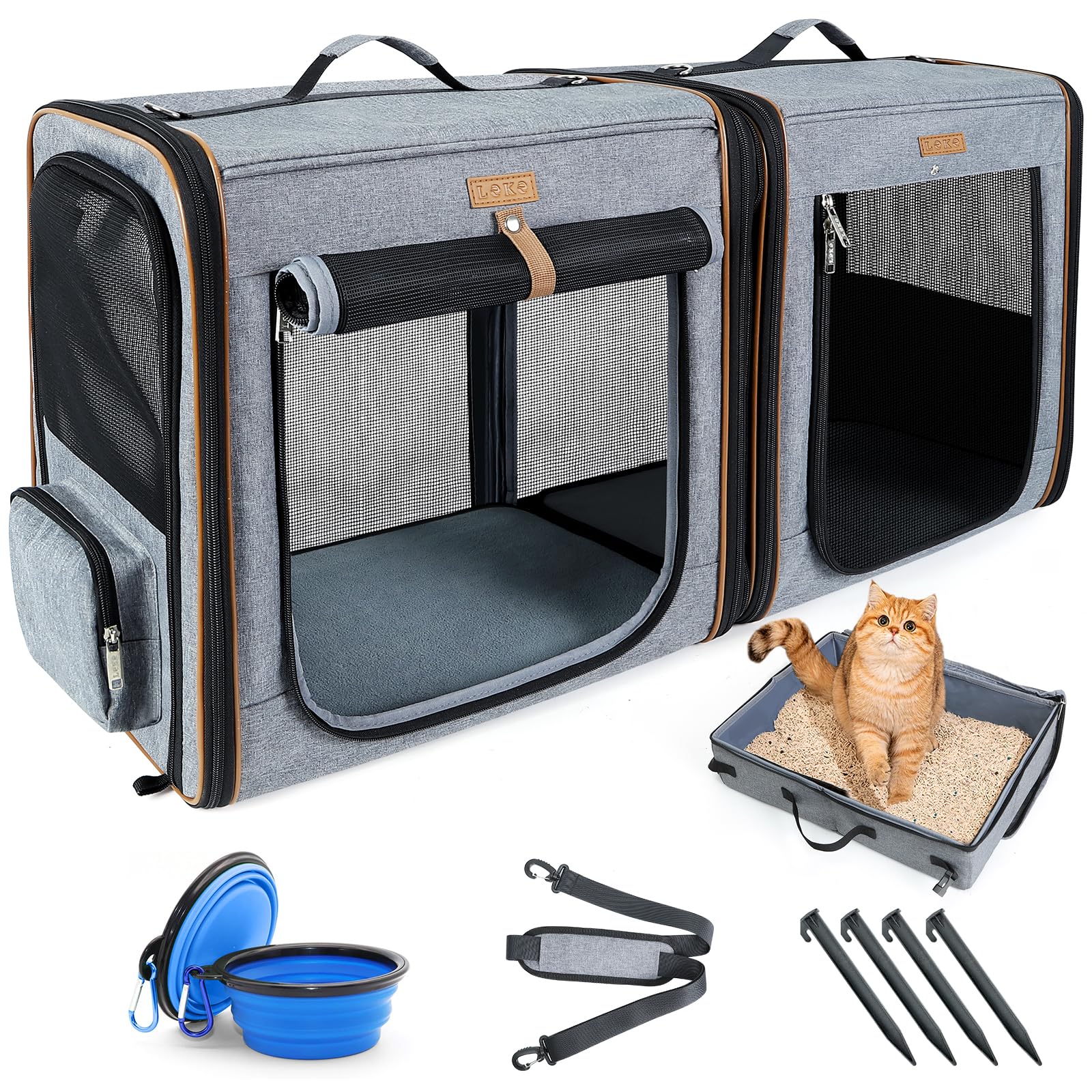 Lekereise Soft-Sided Large Cat Carrier for 2 Cats with Litter Box, 2-in-1 Double