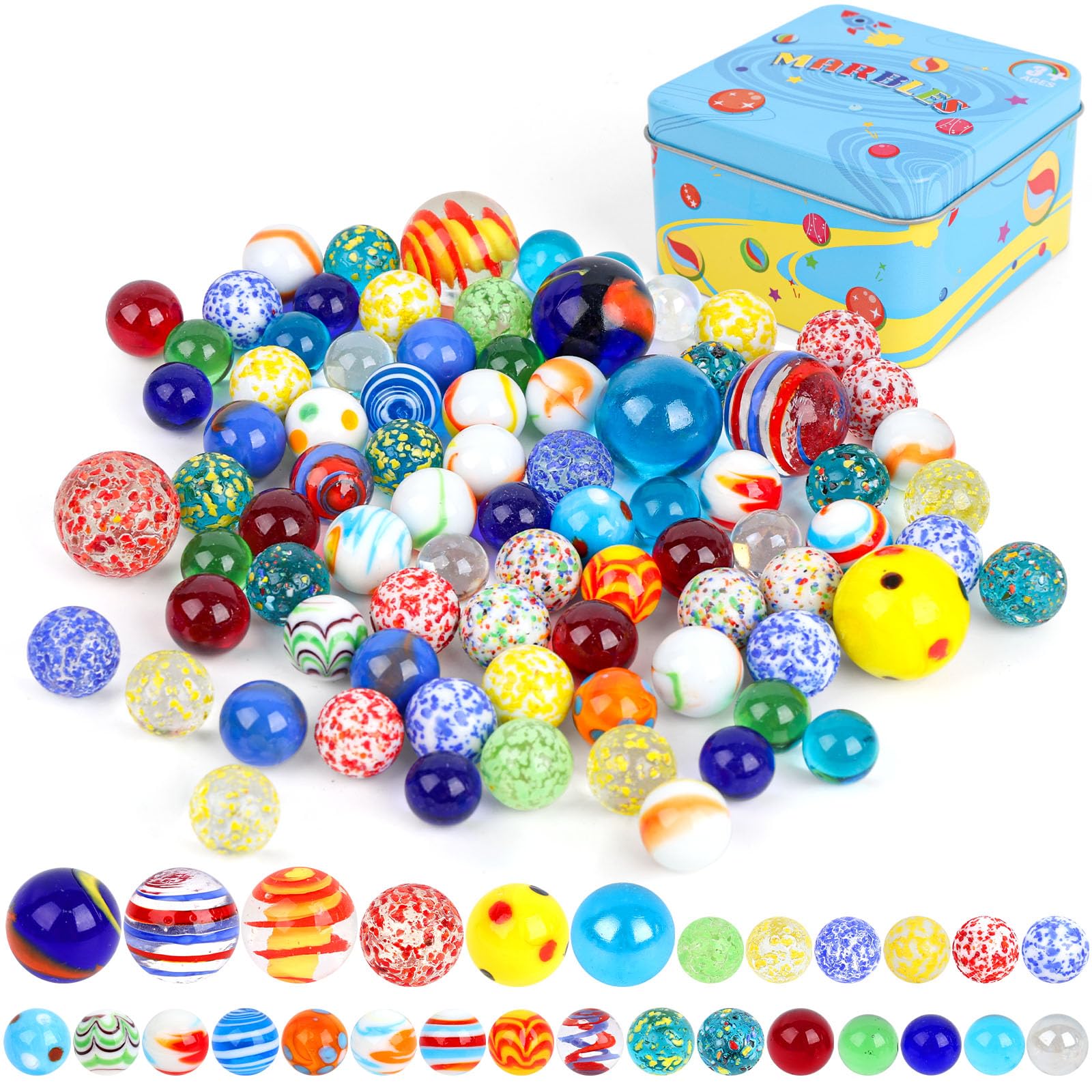 3 otters 85 PCS Marles Bulk, Assorted Size Glass Marbles | 1 Inch, 0.64 Inch, 0.