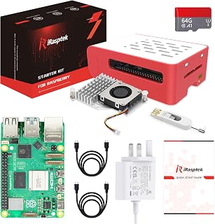 iRasptek Starter Kit for Raspberry Pi 5 RAM 8GB - 64GB Edition of OS-Bookworm Pre-Loaded (Red&White Case)