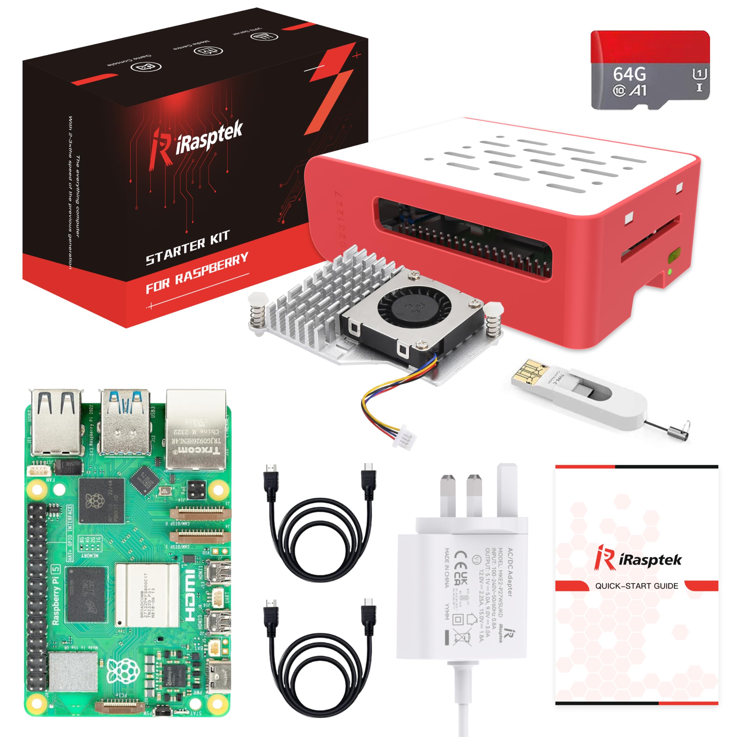 iRasptek Starter Kit for Raspberry Pi 5 RAM 8GB - 64GB Edition of OS-Bookworm Pr