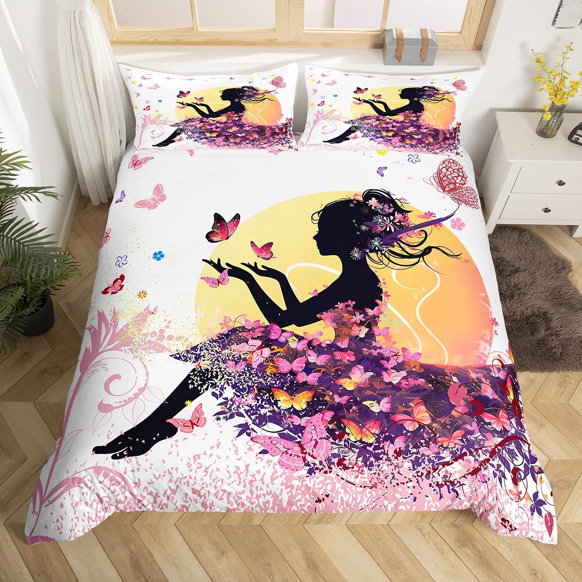 Feelyou Butterfly Bedding Set Queen Size for Kids Girls