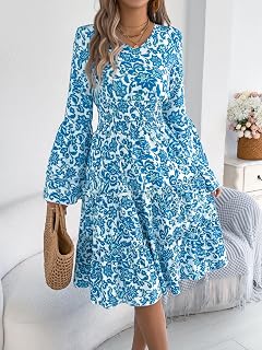 Women's V Neck Bell Sleeve Midi Dress Bohemian Floral Wedding Guest Smocked Waist Engagement Dresses