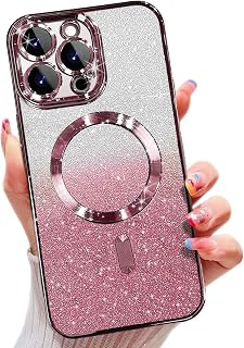 Misscase for iPhone 15 Pro Magnetic Glitter Case Compatible with MagSafe,Camera Lens Protector Full Protection Elegant Anti-Scratch Dust-Proof Net Case Cover for iPhone 15 Pro Pink