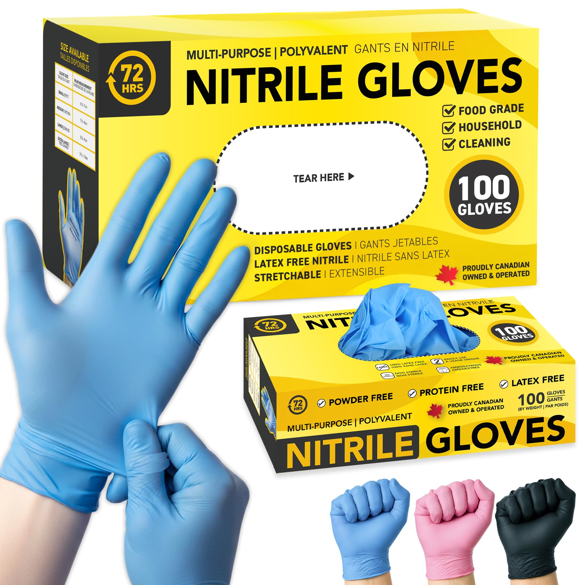 72HRS Nitrile Gloves - 4 Mil Disposable Gloves, Non Latex Gants Jetables | Food 
