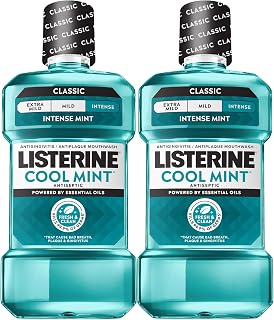 Listerine Cool Mint Antiseptic Mouthwash, Intense Mint, 33.8 fl. oz/1L x 2 | Kills 99.9% of Germs That Cause Bad Breath, Plaque, and Gingivitis, ADA-Accepted, Daily Oral Rinse for Instant Fresh Breath