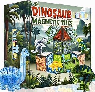 Little Pi Dinosaur Toys Magnetic Tiles, Building Blocks for Kids Ages 3+ | 3 Year Old Boy Birthday Gift for Dinosaur Lovers, Dinosaur Toys for Kids 3-5, Great Gifts for 3 Year Old Boys