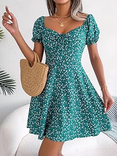 Elegant Women's Square Neck Floral Print Summer Short Sleeve A-Line Work Holiday Boho Dress