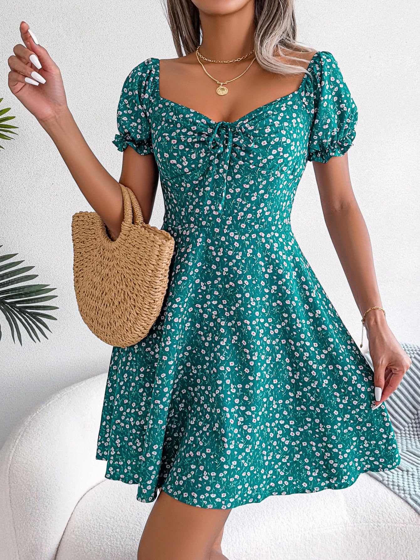Elegant Women's Square Neck Floral Print Summer Short Sleeve A-Line Work Holiday