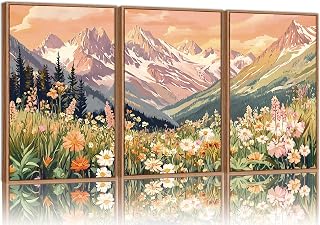SIGNINART Vintage Floral Framed Canvas Wall Art Set, Large Mountains Nature Landscape Wall Decor, Bohemian Wildflower Forest Artwork, Pink Ridge Art Printing for Living Room Bedroom Office 16"x24"x3