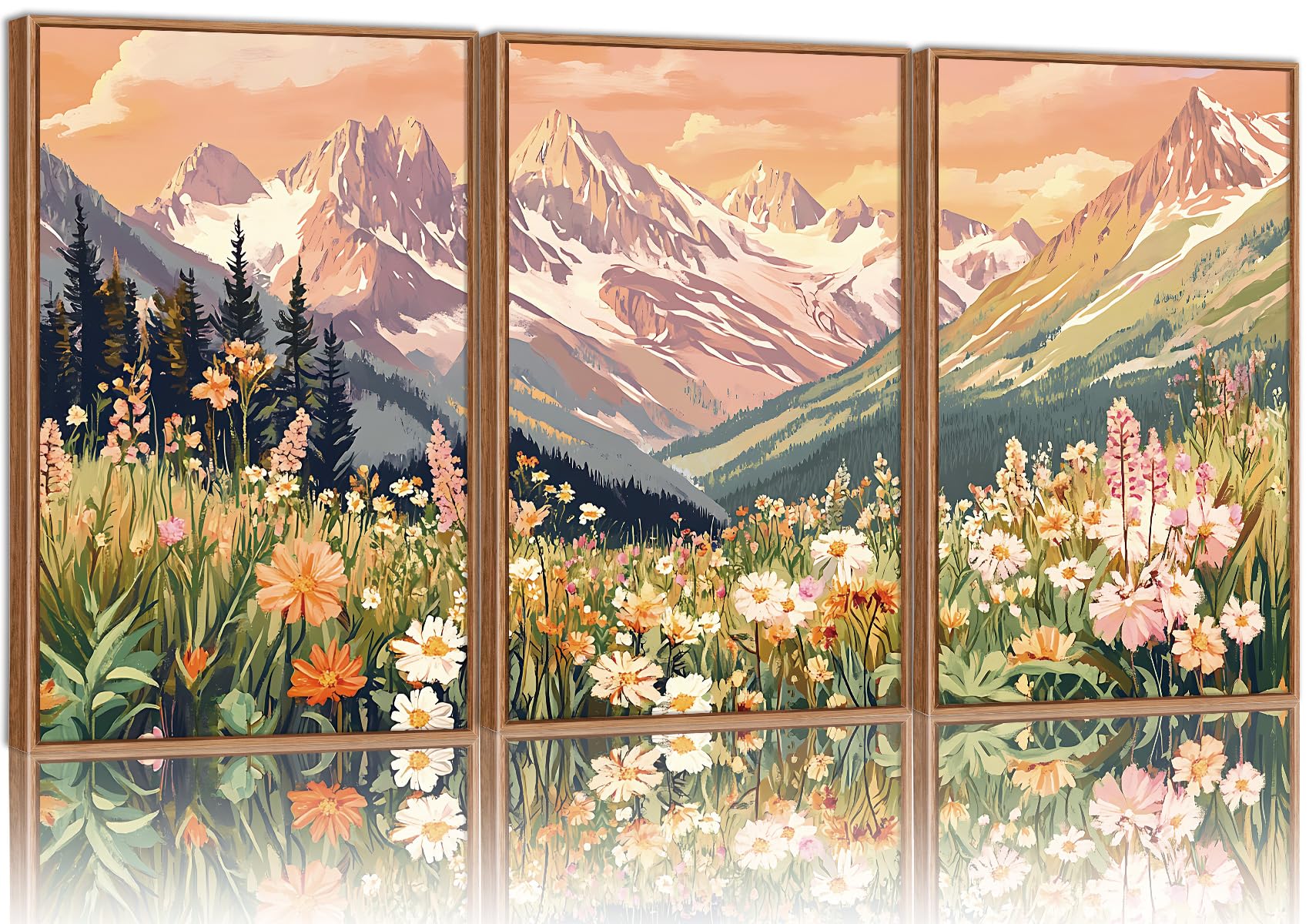 SIGNINART Vintage Floral Framed Canvas Wall Art Set, Large Mountains Nature Land