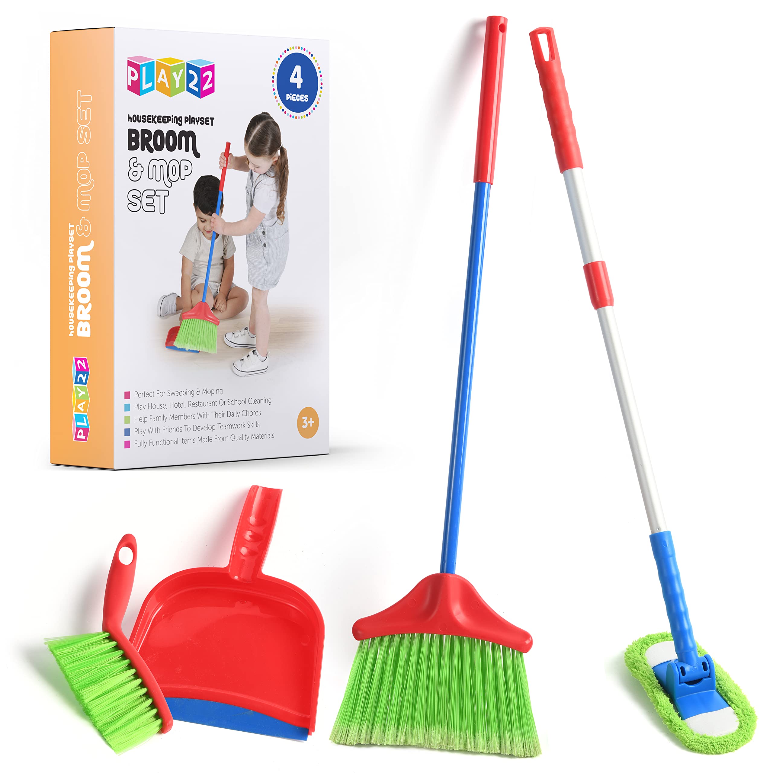 Play22 Kids Cleaning Set 4 Pcs – Broom Mop Brush & Dustpan Toy, Girls Boys | Gir