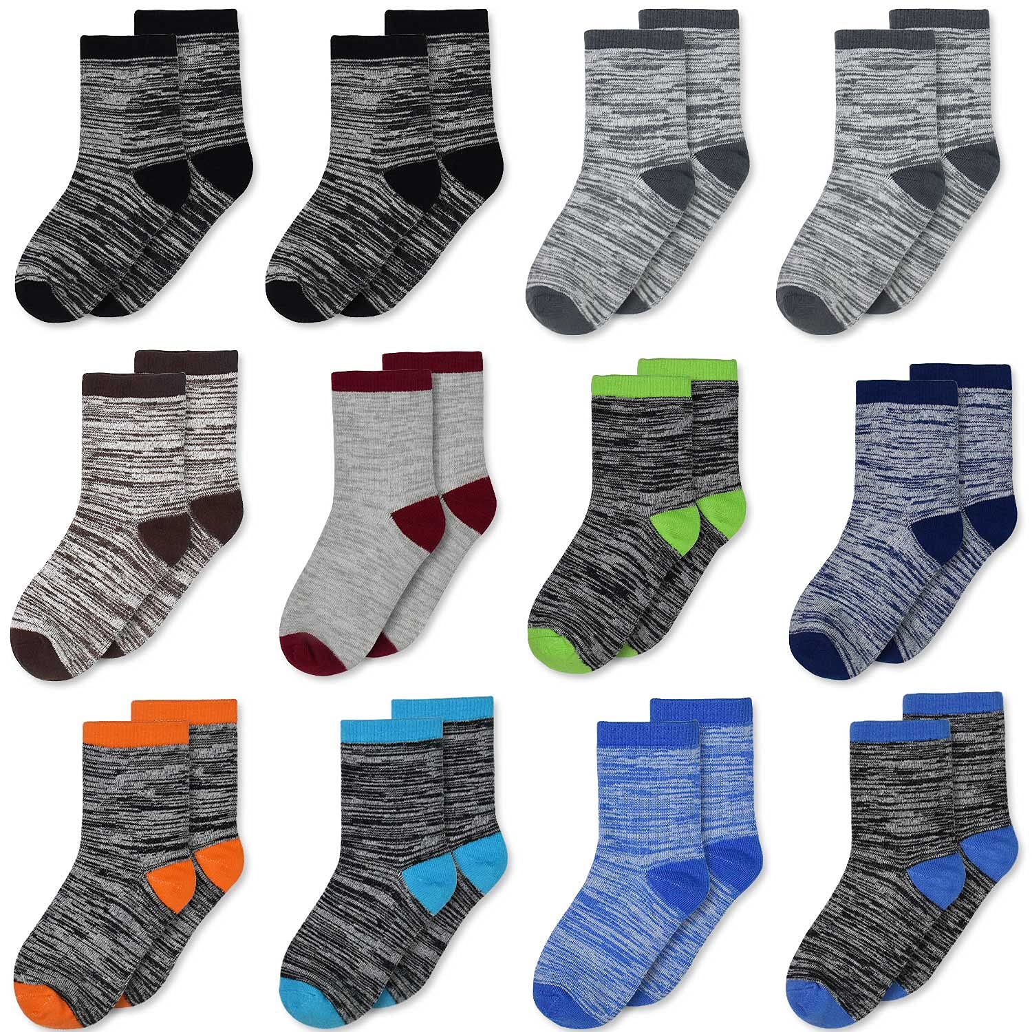 SPTRAMLE Boys Socks, 12 Pairs Athletic Crew Socks for Kids (1-14 Years) | Mid Ca