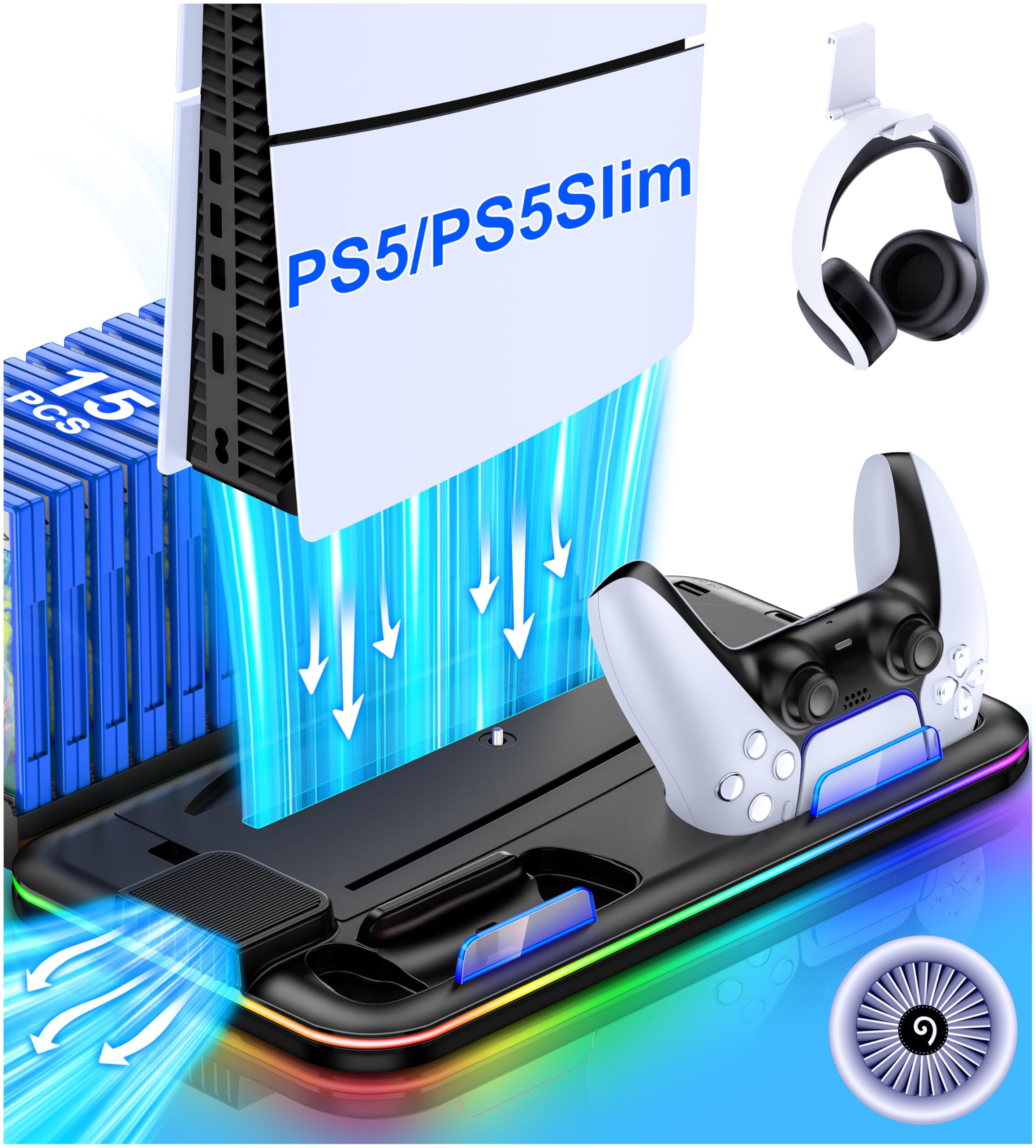 PS5/PS5 Slim Stand and Cooling Station with Controller Charging Station for Play