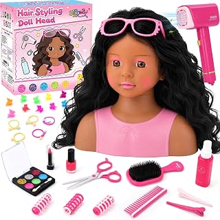 Doll Head for Hair Styling Makeup Kids, Pretend Play Salon Toys for Girls | Hairdryer Accessories Real Lipstick Makeup Palette, Black Princess Birthday Gifts for 3-8 Years Old
