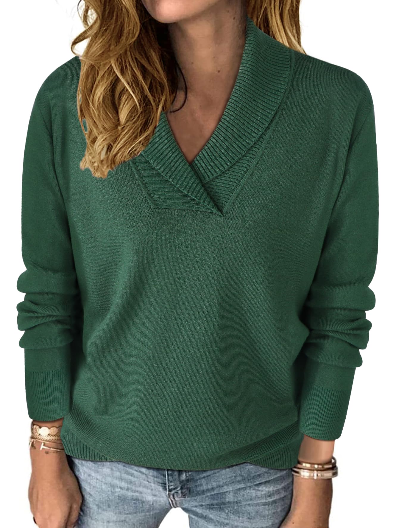 HDLTE Women's Casual V-Neck Sweater - Shawl Collar Long Sleeve Work Sweater Eleg