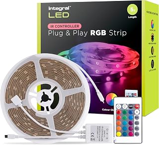 Integral 5m RGB LED Strip Light, Colour Changing, Dimmable, Music Sync, Plug & Play, UK Plug & Remote Control - for Bedroom, Living Room, Office, Kitchen and More.